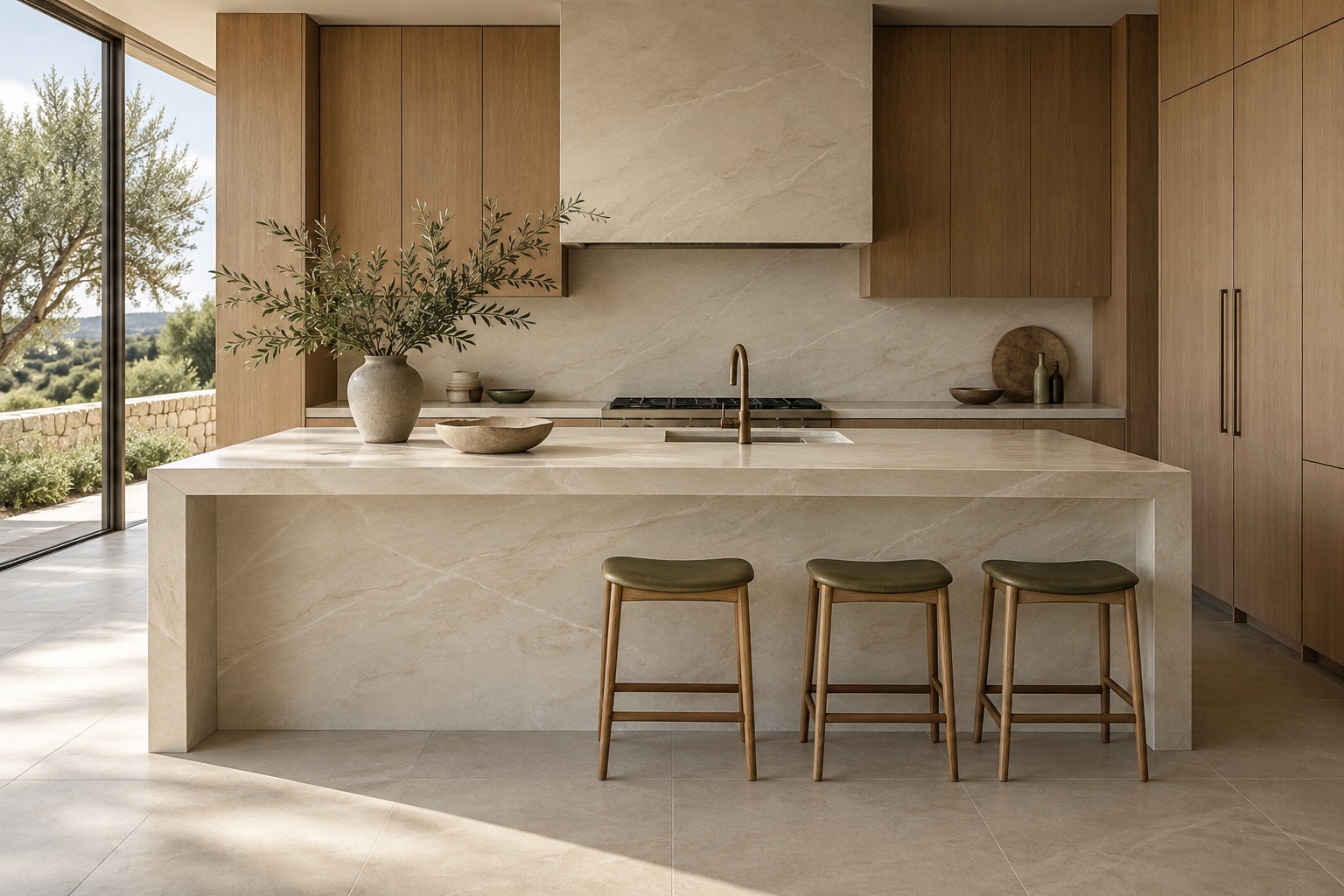 Oak kitchen with pale slab island, matching backsplash and garden daylight